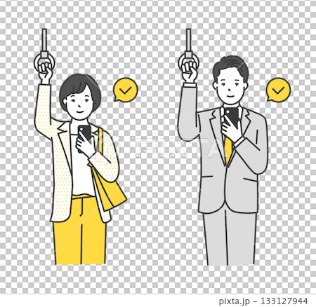 つり革につかまってスマホを見るビジネスパーソンのイラスト素材 つり革につかまってスマホを見るビジネスパーソンのイラスト素材 133127944