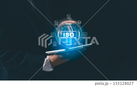Businesswoman interact global interface display document icon, concept of ISO certification quality management, standard compliance, auditing, enterprise quality policies assurance across business. Businesswoman interact global interface display document icon, concept of ISO certification quality management, standard compliance, auditing, enterprise quality policies assurance across business. 133128027