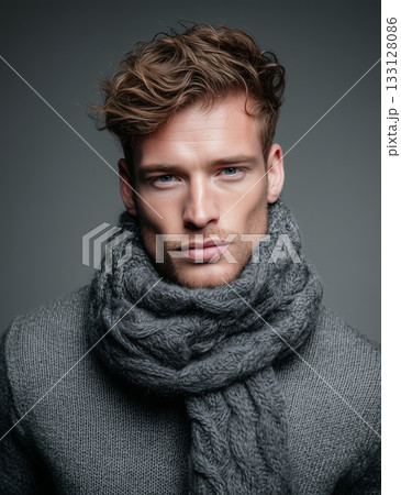 A young man poses confidently, wearing a thick, knitted scarf and a wool sweater 133128086