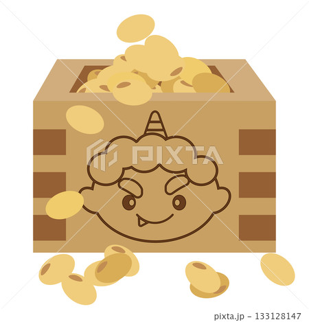 鬼のキャラクターの焼き印が入った節分の枡のイラスト 133128147