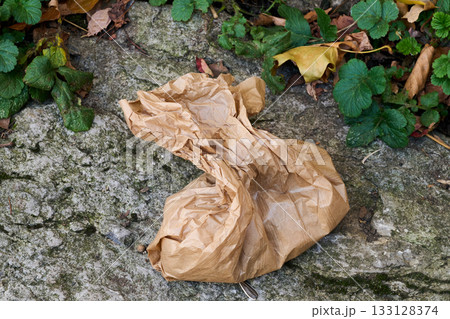 brown paper bag on rocks in close up brown paper bag on rocks in close up 133128374