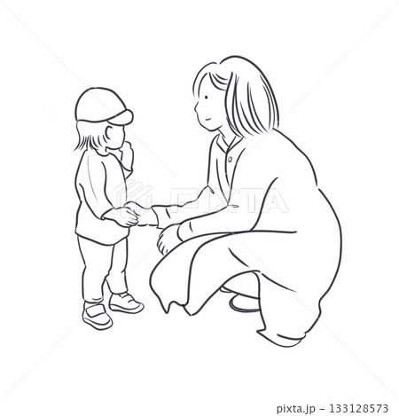 親子が手をつないで話す線画イラスト｜Line art illustration of a