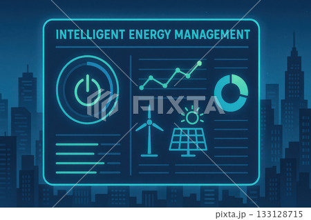 Intelligent energy management dashboard shows renewable power analytics and visualization. futuristic screen for environmental monitoring over modern city skyline at night 133128715