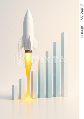 Sleek white rocket launching, symbolizing startup growth and business success. This finance and progress concept shows an ascending bar chart with an optimistic feel Sleek white rocket launching, symbolizing startup growth and business success. This finance and progress concept shows an ascending bar chart with an optimistic feel 133128817