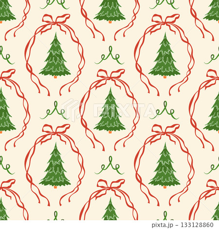 Christmas tree vector seamless pattern. Evergreen xmas pine trees and red ribbon bows on light cream background. Traditional festive winter holiday repeat design for wrapping, textile in flat style Christmas tree vector seamless pattern. Evergreen xmas pine trees and red ribbon bows on light cream background. Traditional festive winter holiday repeat design for wrapping, textile in flat style 133128860