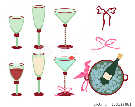 Holiday drinks vector illustrations set. Festive cocktail, wine and champagne glasses with ribbons, bottle in ice bucket isolated on white background. Party alcoholic beverages and trendy glassware Holiday drinks vector illustrations set. Festive cocktail, wine and champagne glasses with ribbons, bottle in ice bucket isolated on white background. Party alcoholic beverages and trendy glassware 133128861