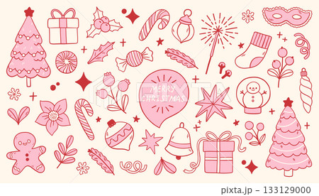 Vector set of pink Christmas doodle hand drawn stickers festive elements trees, gifts, candies, ornaments, stars, snowman. Cute whimsical holiday collection for cards, planners, and seasonal designs Vector set of pink Christmas doodle hand drawn stickers festive elements trees, gifts, candies, ornaments, stars, snowman. Cute whimsical holiday collection for cards, planners, and seasonal designs 133129000