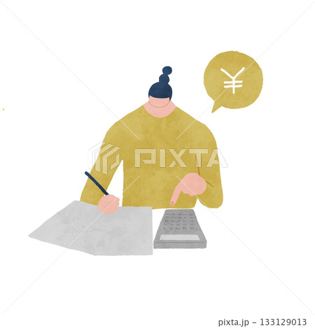 電卓を叩きながらお金の計算や家計管理をしている女性のイラスト 133129013