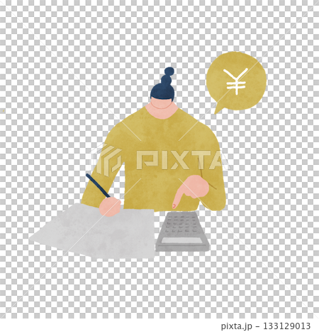 電卓を叩きながらお金の計算や家計管理をしている女性のイラスト 133129013