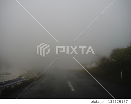 初冬に深い霧に包まれた広葉樹林の車道 初冬に深い霧に包まれた広葉樹林の車道 133129187