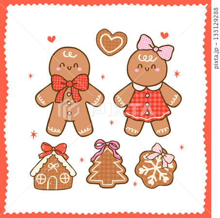 Cute Gingham Coquette Christmas Gingerbread Man and Girl Cartoon Hand Drawn, Kawaii Girly Festive Cookies 133129288
