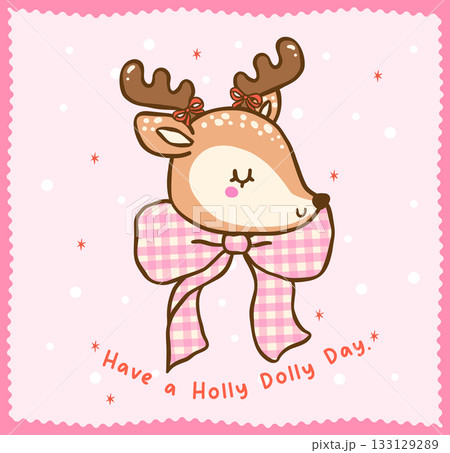 Cute Gingham Coquette Christmas Reindeer with Bow Cartoon Hand Drawn, Kawaii Girly Festive Greeting card 133129289
