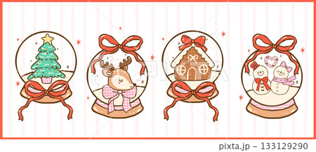 Cute Gingham Coquette Christmas Snow Globe Cartoon Hand Drawn Set, Kawaii Girly Festive Holiday Doodle Collection 133129290