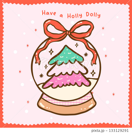 Cute Gingham Coquette Christmas Snow Globe with Bow Cartoon Hand Drawn, Kawaii Girly Festive Greeting card 133129291