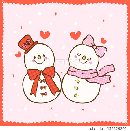 Cute Gingham Coquette Christmas Snowman and Snowgirl Cartoon Hand Drawn, Kawaii Girly Festive Illustration 133129292