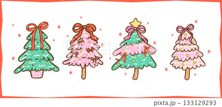 Cute Gingham Coquette Christmas Tree with Ribbon Bow Cartoon Hand Drawn Set, Kawaii Girly Festive Holiday Doodle Collection 133129293