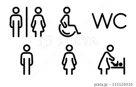 Toilet line icon set. WC and restroom signs including man, woman, mother with baby, disabled symbols Toilet line icon set. WC and restroom signs including man, woman, mother with baby, disabled symbols 133129310