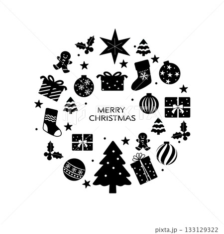 シンプルなクリスマスのイラスト素材　クリスマスリース　オーナメント　プレゼント　素材　白背景 133129322
