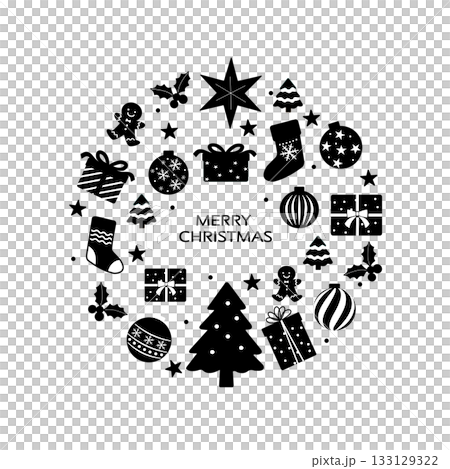 シンプルなクリスマスのイラスト素材　クリスマスリース　オーナメント　プレゼント　素材　白背景 133129322