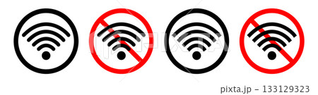 WiFi and no WiFi icons set. Vector illustration of a wireless internet signal symbol enclosed WiFi and no WiFi icons set. Vector illustration of a wireless internet signal symbol enclosed 133129323