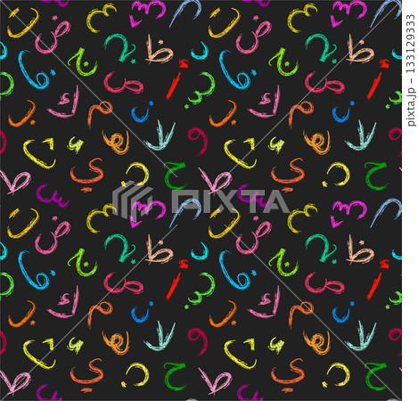 Seamless pattern of Arabic letters in kids doodle style. Hand drawn colorful alphabet made with wax 133129333