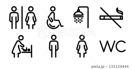 Toilet line icon set. WC and restroom signs including man, woman, shower, mother with baby, disabled Toilet line icon set. WC and restroom signs including man, woman, shower, mother with baby, disabled 133129444