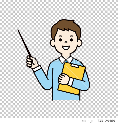 Upper body vector illustration of a young man in a dress shirt holding a pointer and explaining Upper body vector illustration of a young man in a dress shirt holding a pointer and explaining 133129469