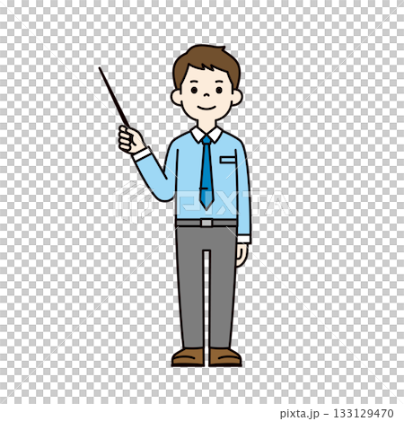 A young man in a dress shirt holding a pointer and explaining, full-body vector illustration material_color 133129470