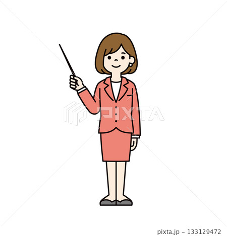 指示棒を持って説明する、スーツを着た若い女性の全身ベクターイラスト素材＿カラー 133129472