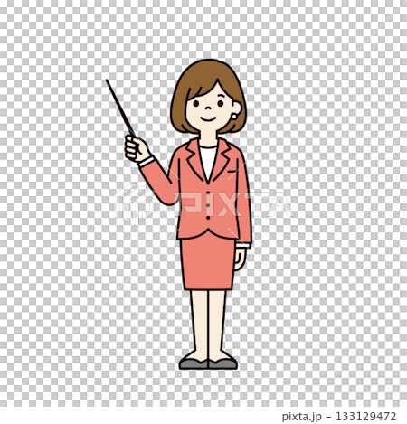 指示棒を持って説明する、スーツを着た若い女性の全身ベクターイラスト素材＿カラー 133129472