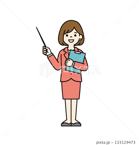 ポインターを持って解説する、スーツを着た若い女性の全身ベクターイラスト素材＿カラー 133129473