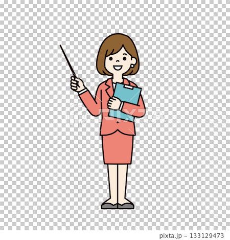 ポインターを持って解説する、スーツを着た若い女性の全身ベクターイラスト素材＿カラー 133129473