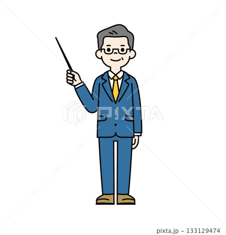 指示棒を持って説明する、スーツを着たシニア世代の男性の全身ベクターイラスト素材＿カラー 133129474