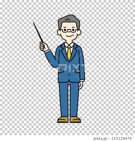 指示棒を持って説明する、スーツを着たシニア世代の男性の全身ベクターイラスト素材＿カラー 133129474