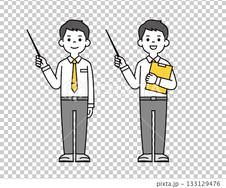 Full-body vector illustration of a young businessman wearing a dress shirt explaining with a pointer Full-body vector illustration of a young businessman wearing a dress shirt explaining with a pointer 133129476