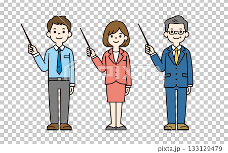 一套包含多位商務人士手持指示棒並進行講解的全身向量插圖素材（彩色） 133129479