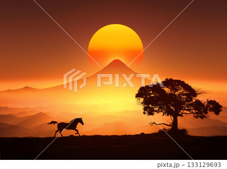 馬, ウマ, うま, 午年, 白い馬, 動物, 哺乳類, 駿馬, 野生, 日本, 夜明け, 日の出, 133129693