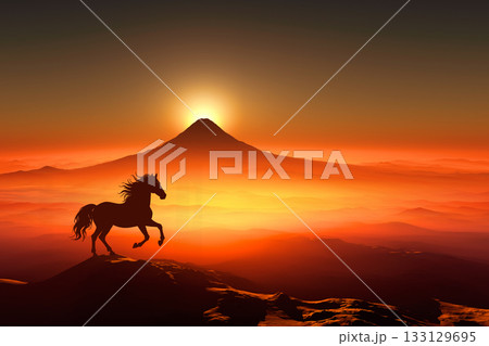 馬, ウマ, うま, 午年, 白い馬, 動物, 哺乳類, 駿馬, 野生, 日本, 夜明け, 日の出, 133129695