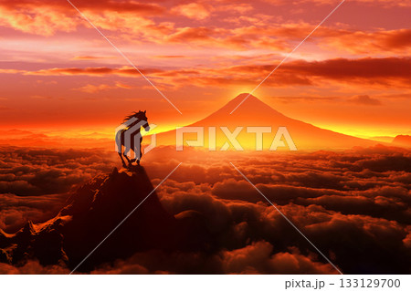 富士山の夜明けと馬のシルエット,午年イメージ 133129700