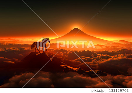 富士山の夜明けと馬のシルエット,午年イメージ 133129701