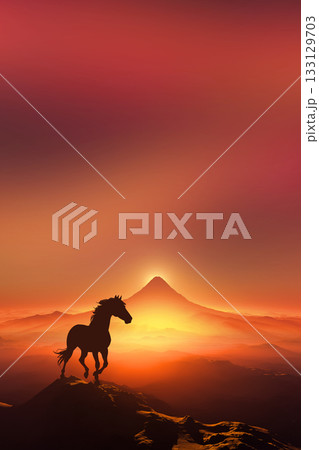 富士山の夜明けと馬のシルエット,午年イメージ 133129703
