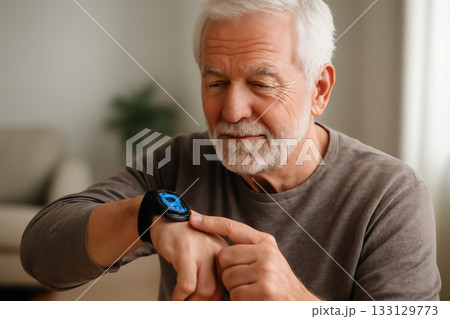 AI generated elderly man sitting comfortably at home engaging with wearable health device. The image captures the calm, thoughtful atmosphere as he interacts with modern technology AI generated elderly man sitting comfortably at home engaging with wearable health device. The image captures the calm, thoughtful atmosphere as he interacts with modern technology 133129773