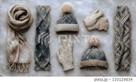 冬の模様入ったマフラーと手袋と帽子 133129834