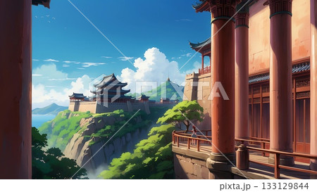 ゲーム背景　青空と海の見える崖の上の中華ファンタジーの古代のお城 133129844