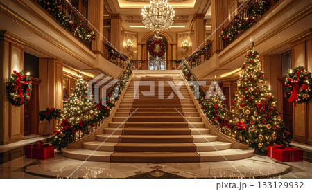 ラグジュアリーホテルの大階段とクリスマス飾り 133129932
