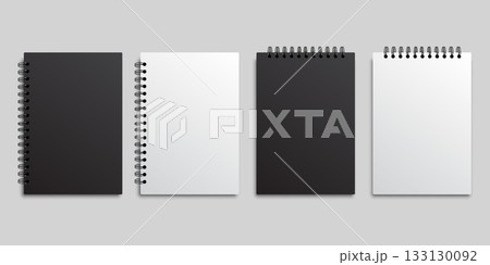 Realistic notebook mockup icon in flat style. Notepad with spiral vector illustration on isolated background. Booklet sign business concept. Realistic notebook mockup icon in flat style. Notepad with spiral vector illustration on isolated background. Booklet sign business concept. 133130092