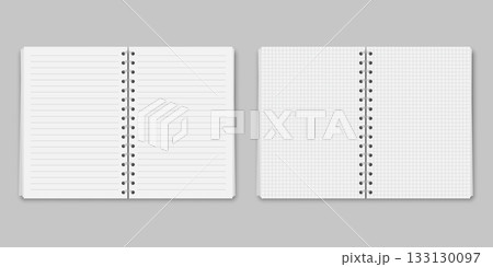 Realistic blank empty lined and quare grid notebooks mockup icon in flat style. Paper line notebook vector illustration on isolated background. Booklet sign business concept. 133130097