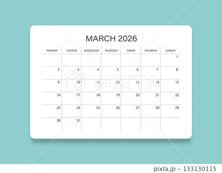 March 2026 calendar in flat style. Planner sticker vector illustration on isolated background. Calender sign business concept. March 2026 calendar in flat style. Planner sticker vector illustration on isolated background. Calender sign business concept. 133130115
