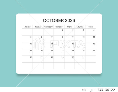 October 2026 calendar in flat style. Planner sticker vector illustration on isolated background. Calender sign business concept. 133130122