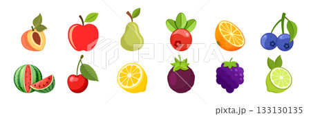 Natural tropical fruits icon set collection in flat style. Tropical plant vector illustration on isolated background. Healthy food sign business concept. Natural tropical fruits icon set collection in flat style. Tropical plant vector illustration on isolated background. Healthy food sign business concept. 133130135